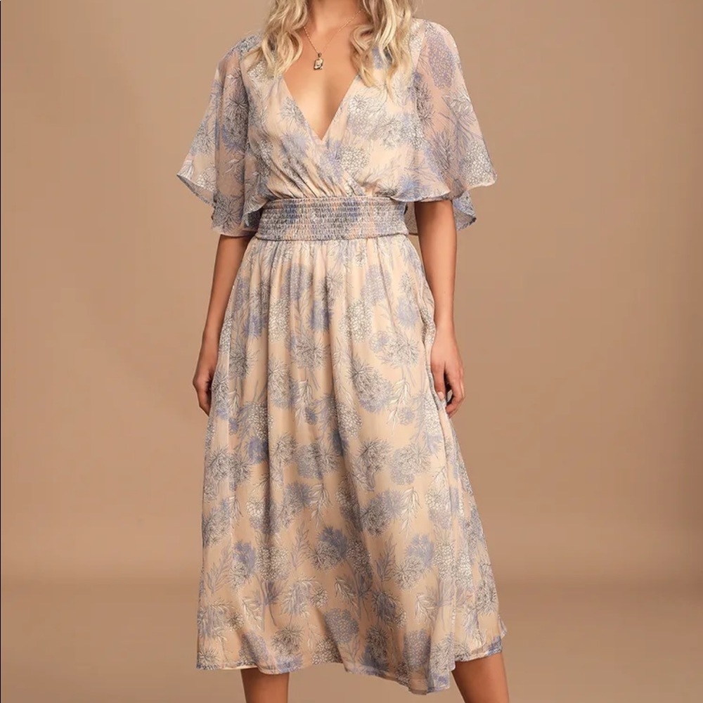 Subtle Romance Beige Floral Print Ruffled Midi Dress